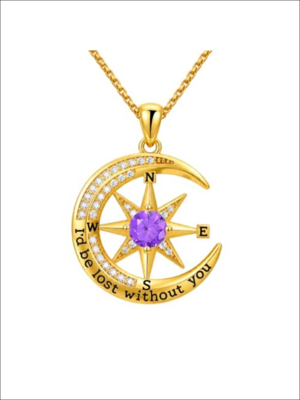 14K Gold Plated Compass Pendant Necklace Women Celestial Moon